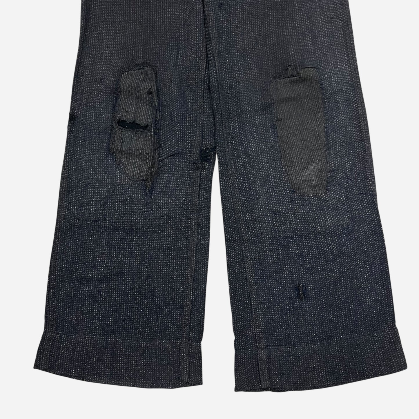 1930s Navy/black side clasp cotton salt & pepper repaired button fly work pants (27w)