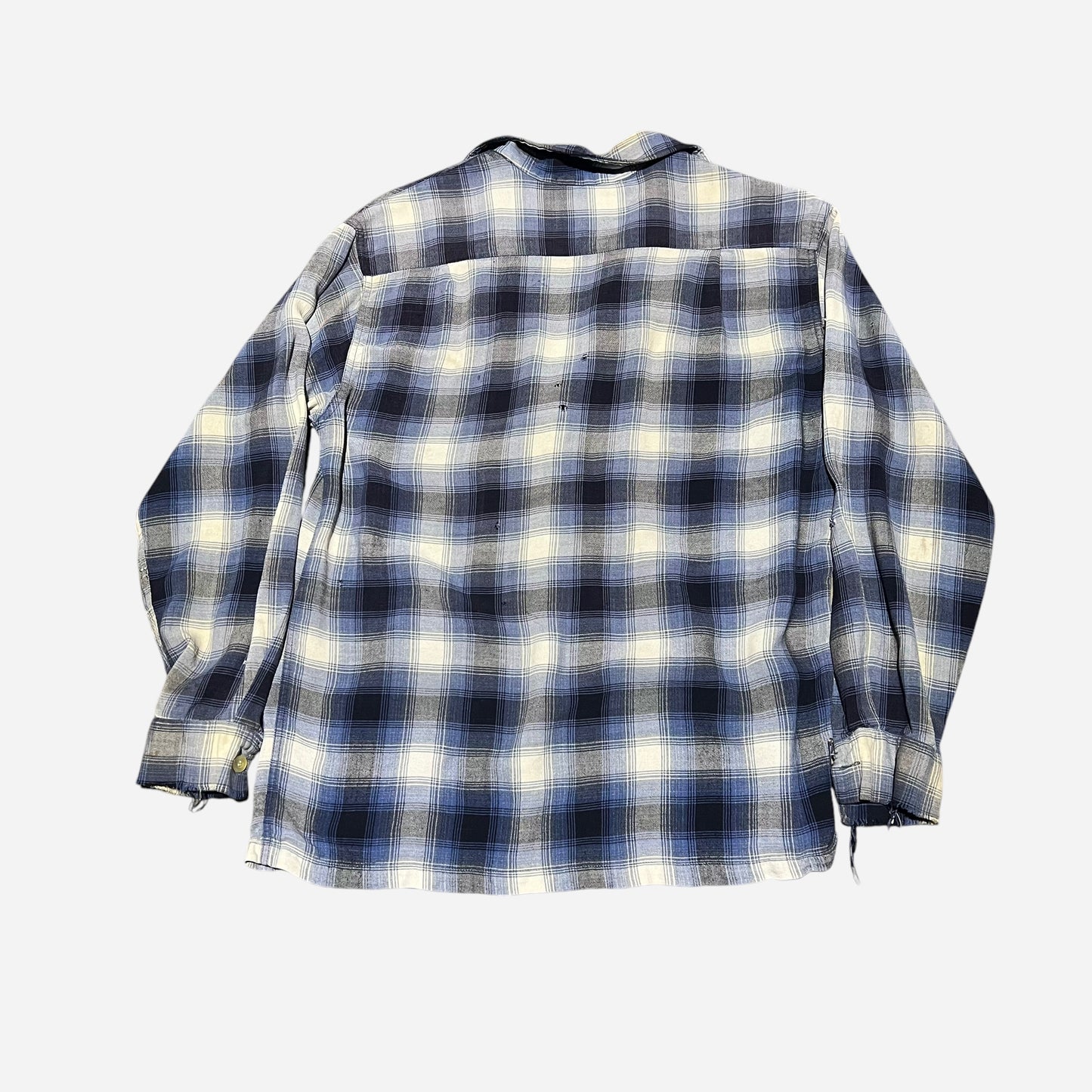 1960s Pilgrim blue shadow plaid rayon loop collar shirt (M)