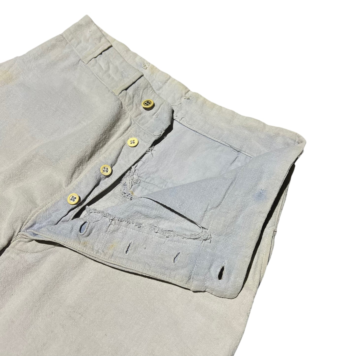 1930s 1940s Feed sack ration button fly sun faded light blue work pants (32w)