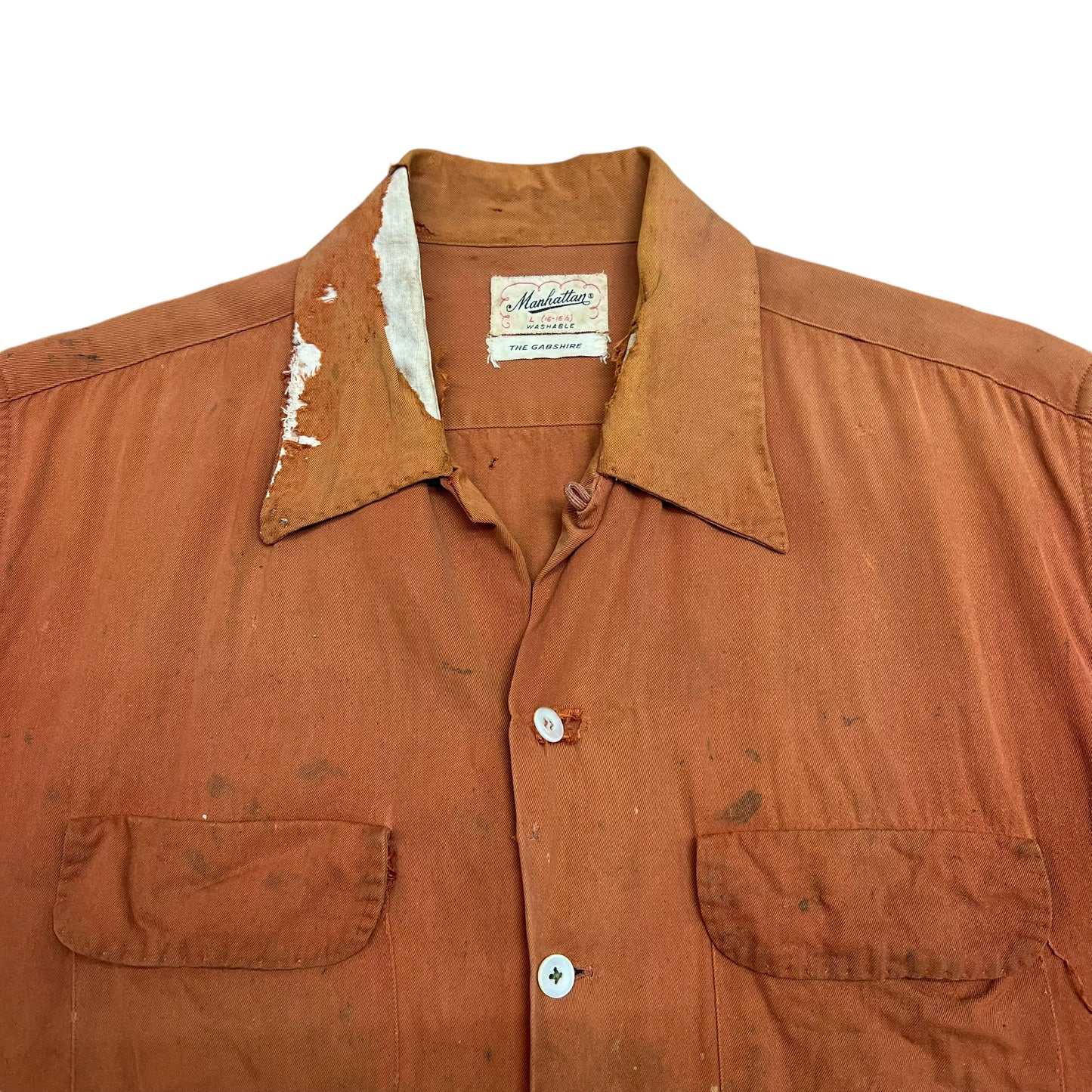 1950s Distressed orange rayon loop collar shirt (L)