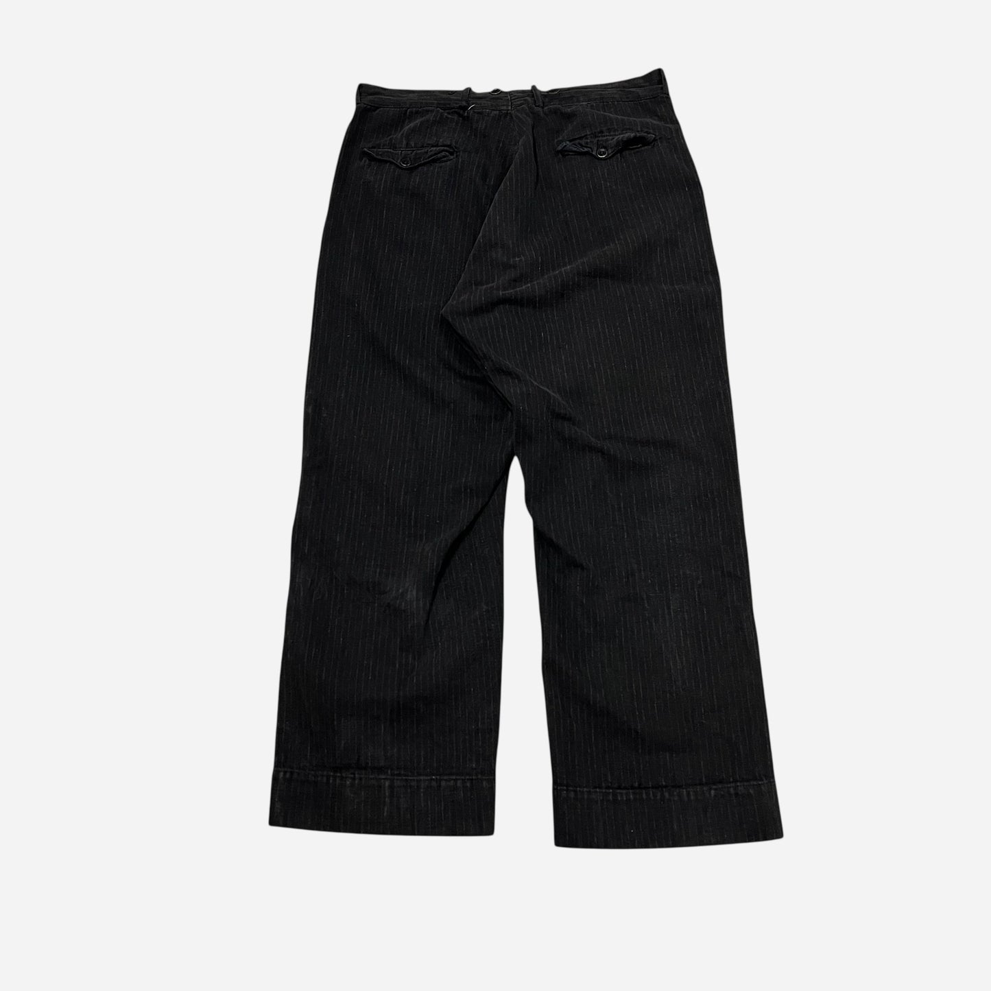 1930s Black heavy cotton button fly striped work pants (33w)