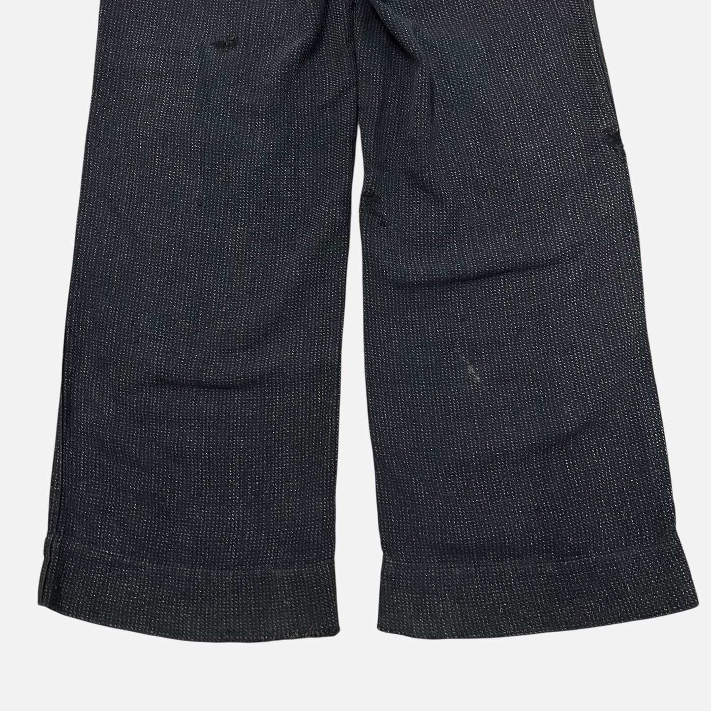 1930s Navy/black side clasp cotton salt & pepper repaired button fly work pants (27w)