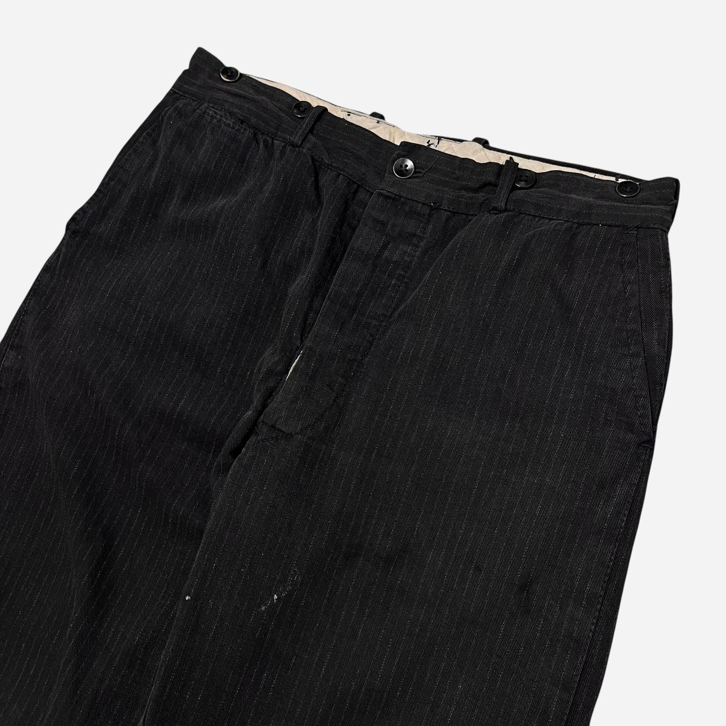 1930s Black heavy cotton button fly striped work pants (33w)