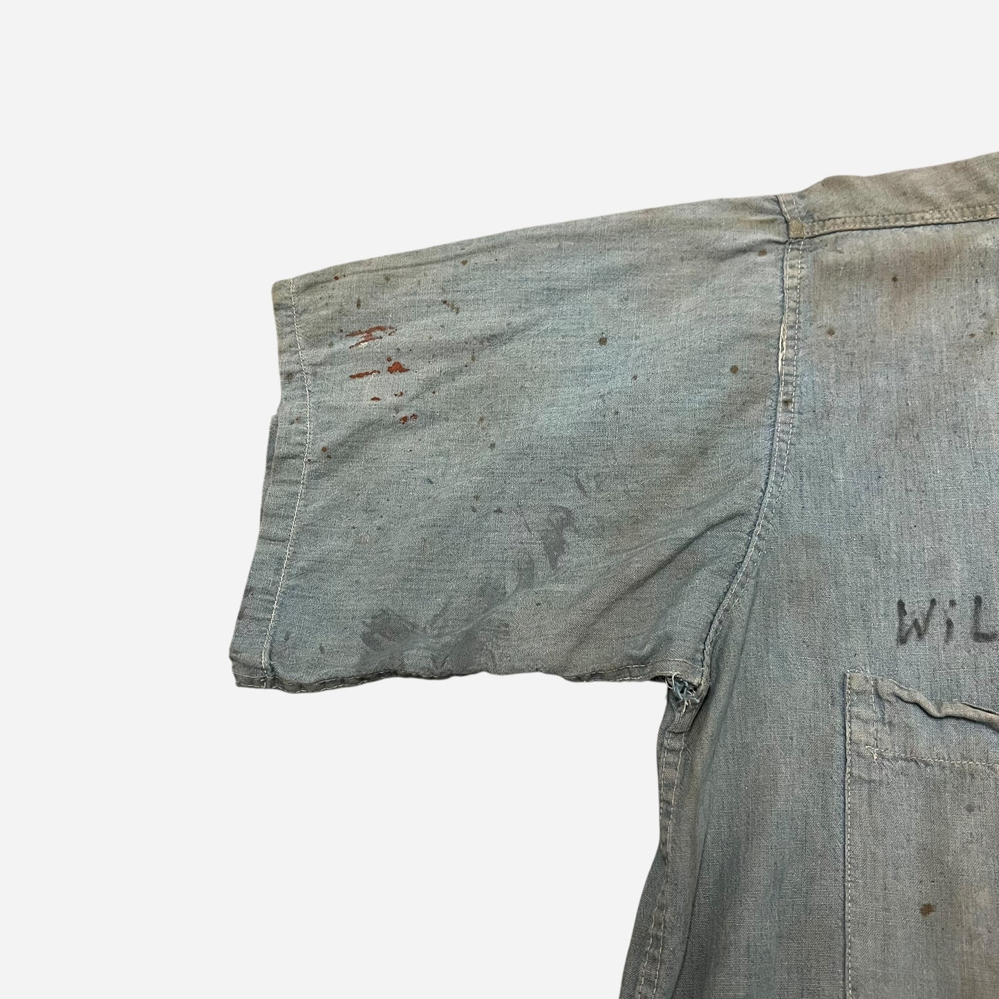 1940s WWII USN stenciled paint splatter chambray shirt (S/M)