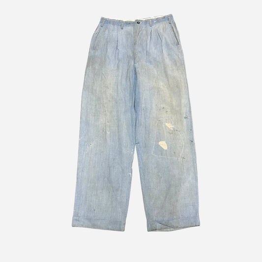 1940s Blue sun faded cotton pleated repaired work pants (30w)