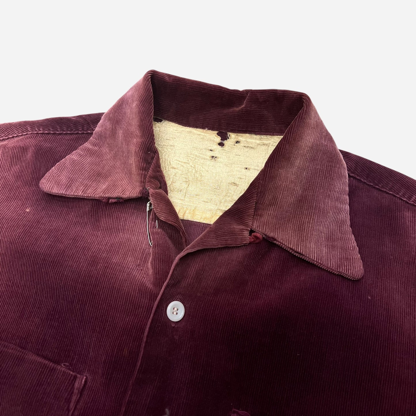 1950s Burgundy corduroy loop collar shirt farmer worn (M/L)