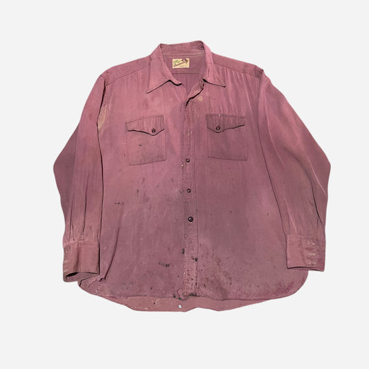 1940s Red rayon slant pocket western style shirt (L)