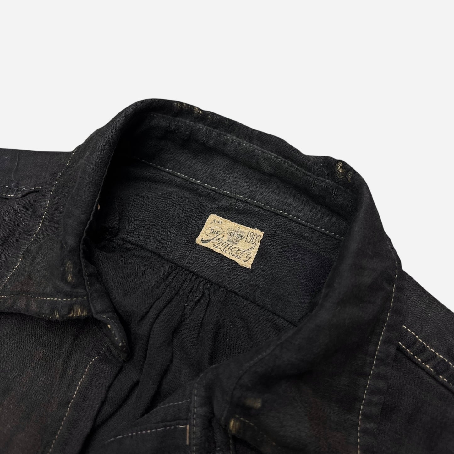 1910s Black sun faded cotton chinstrap pullover work shirt (S/M)