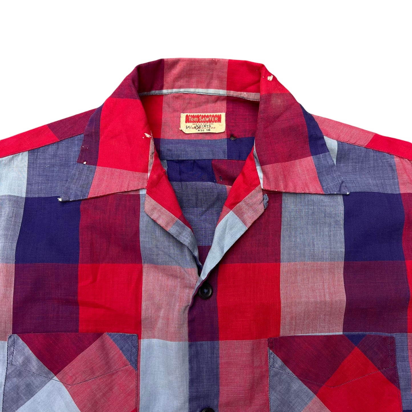 1950s Tom Sawyer red blue box plaid cotton loop collar shirt (S/M)