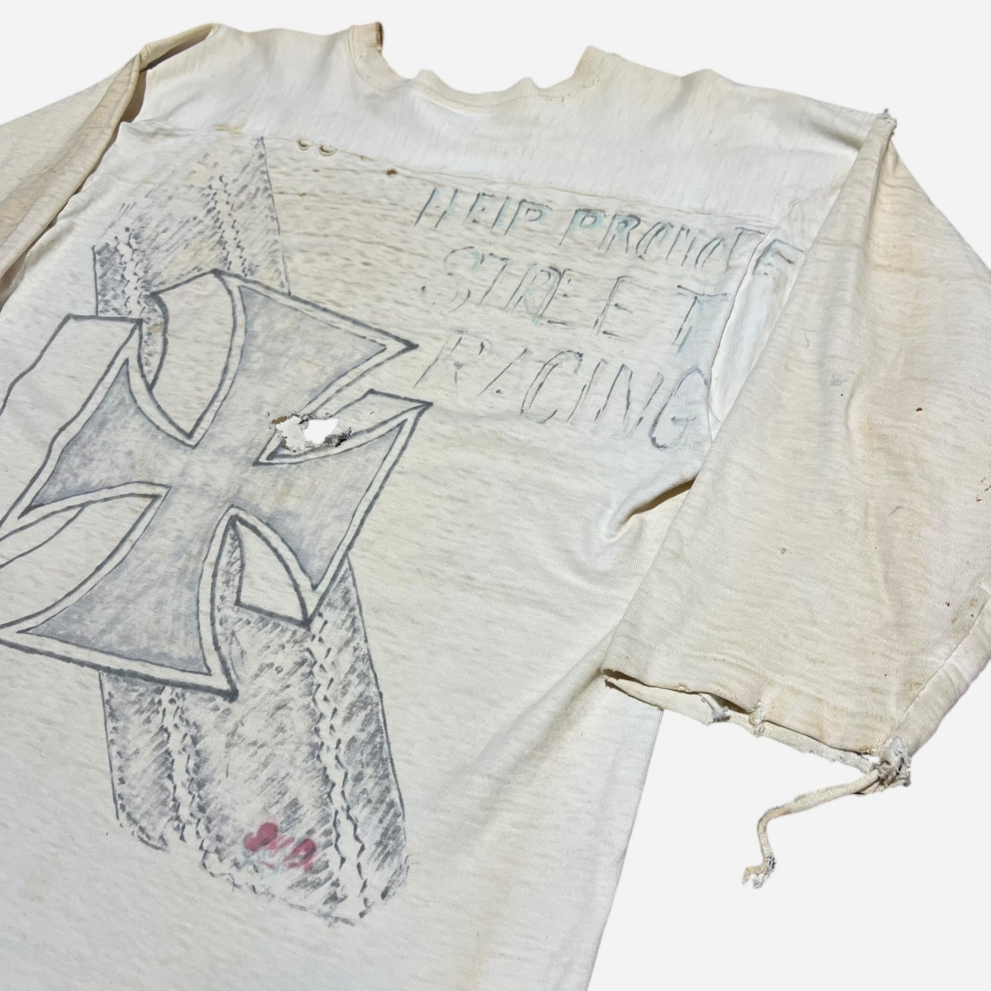 1960s Hanes thrashed hand drawn “Help Protect Street Racing” white cotton jersey shirt (L)