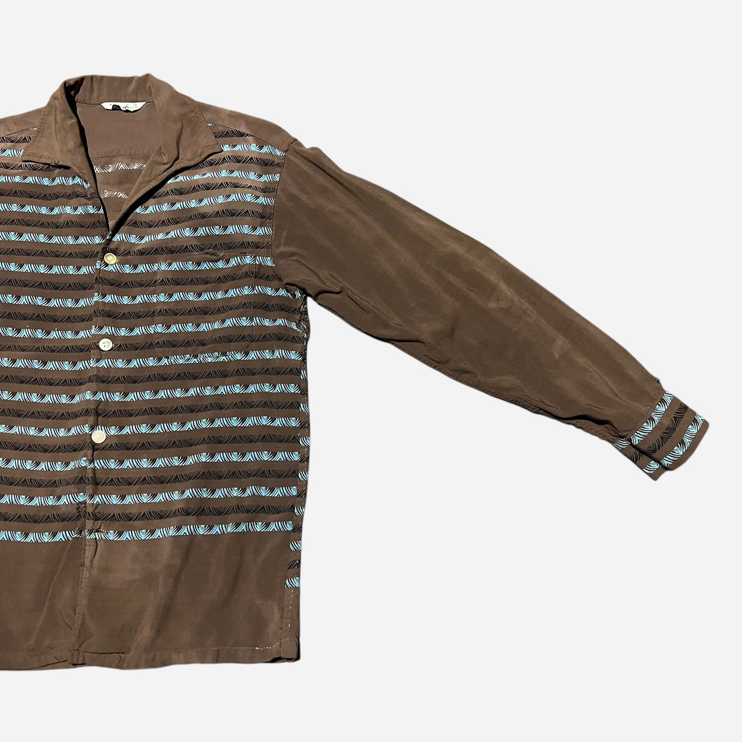 1950s Brown rayon novelty print continental loop collar shirt (M)