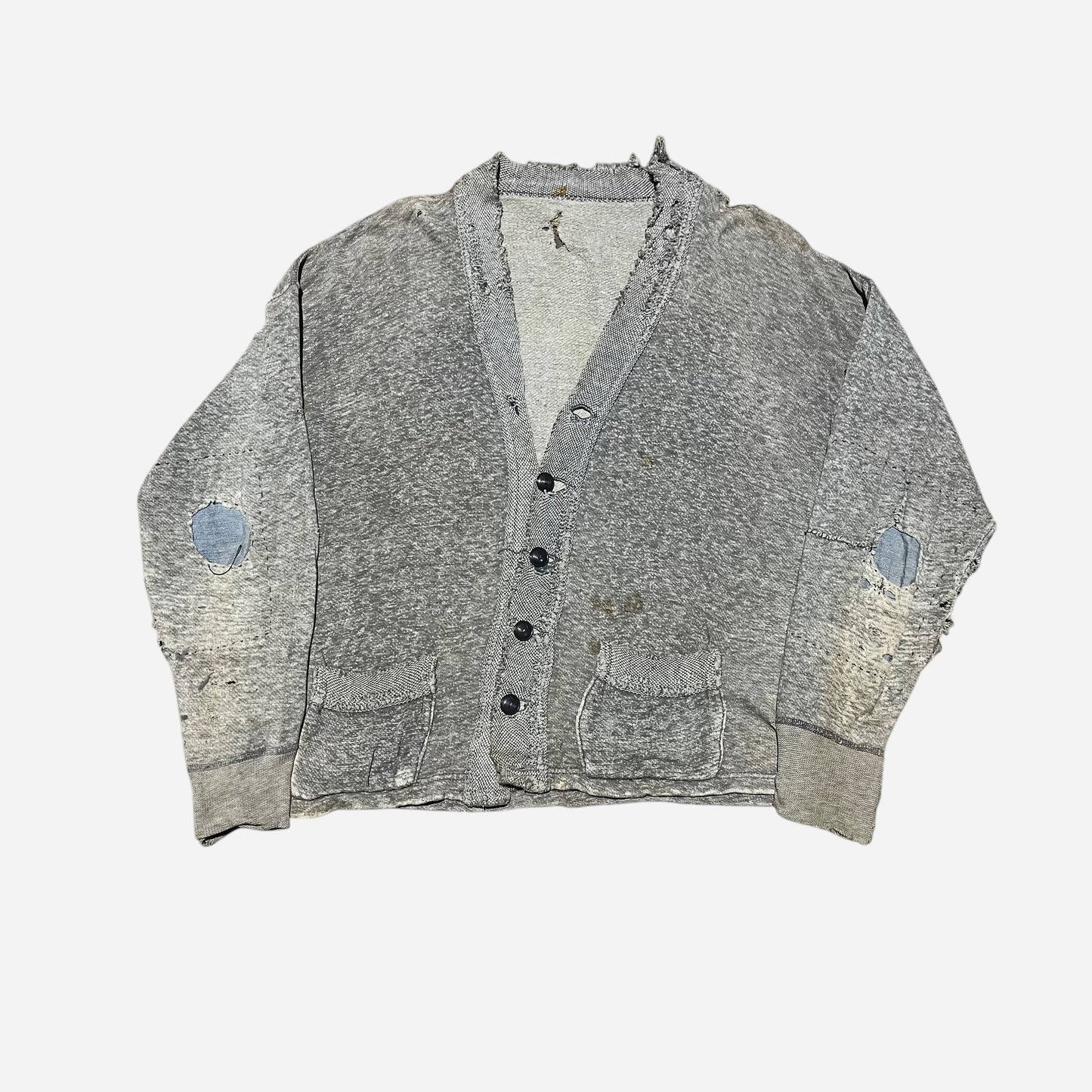 1940s Salt and pepper cotton cardigan denim repairs (L)