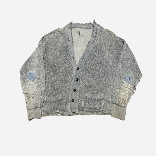 1940s Salt and pepper cotton cardigan denim repairs (L)