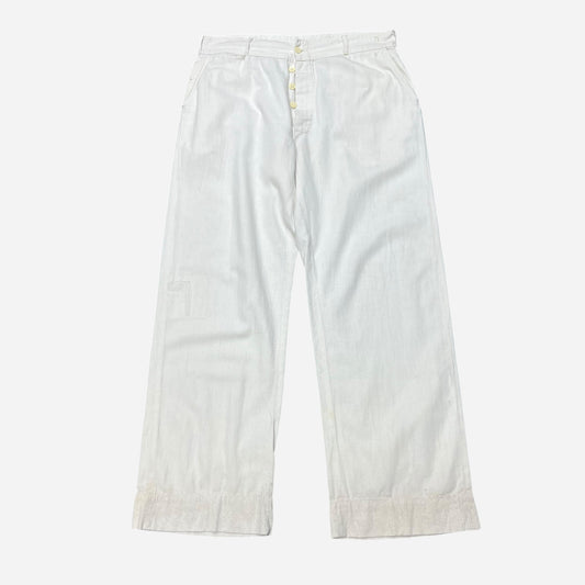 1930s White side clasp cotton sun faded pattern work pants (33w)