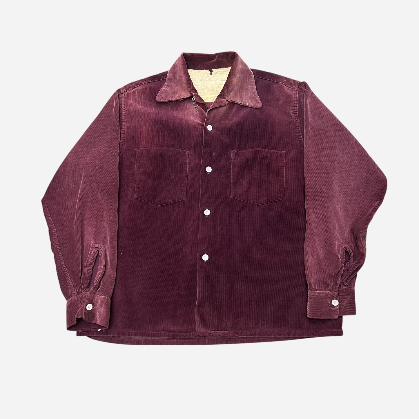 1950s Burgundy corduroy loop collar shirt farmer worn (M/L)