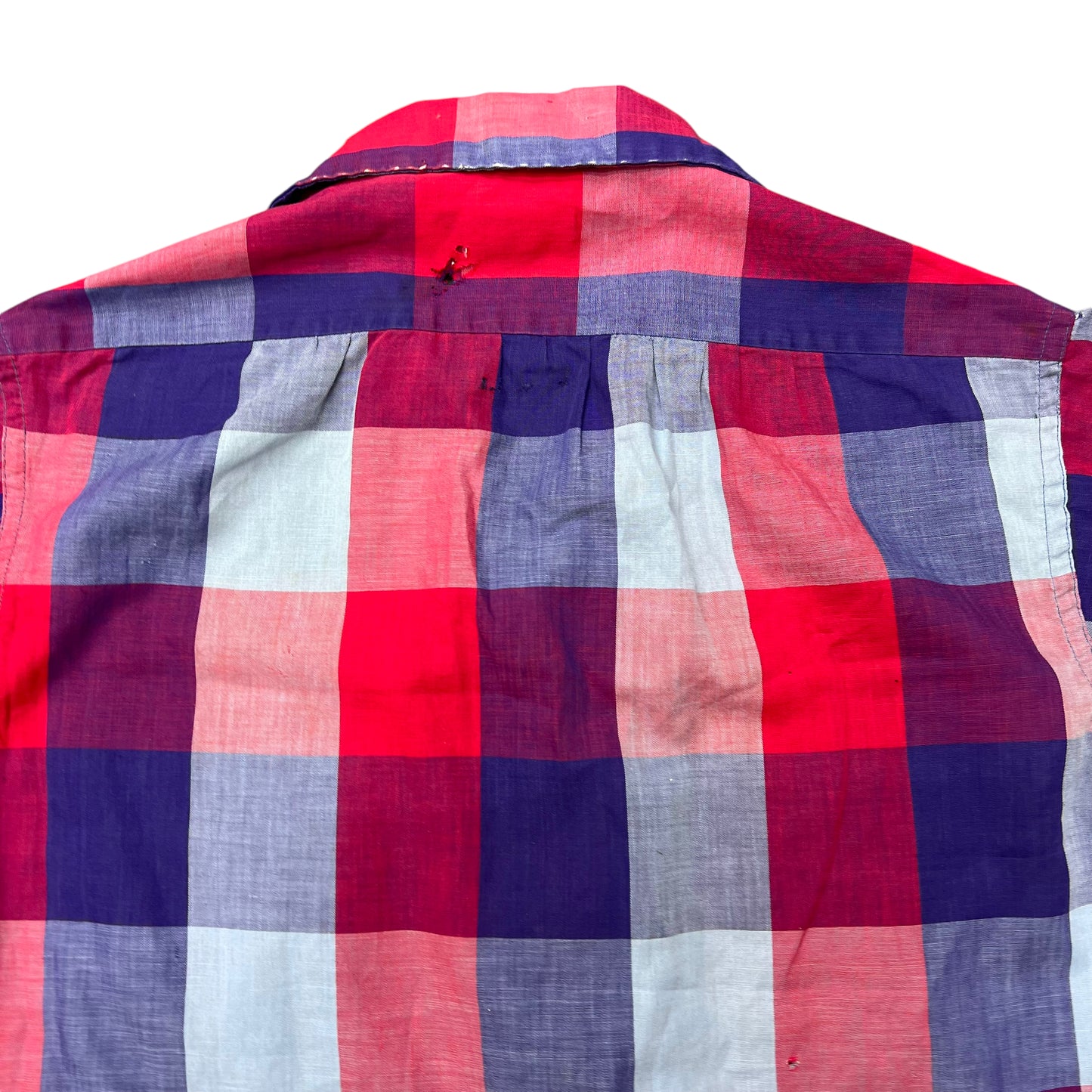 1950s Tom Sawyer red blue box plaid cotton loop collar shirt (S/M)