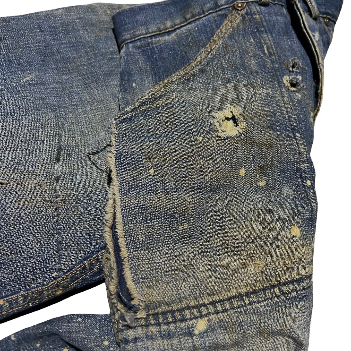 1930s 1940s Painter donut button fly fatigue pocket dark wash denim jeans (28w)