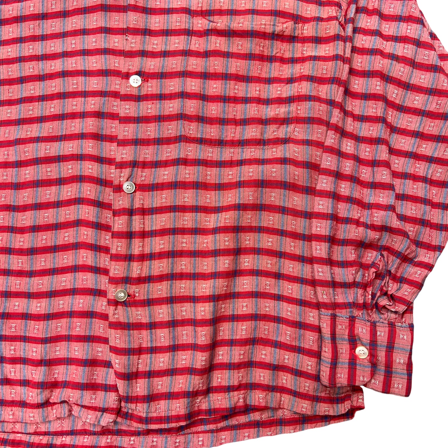 1950s Rayon red plaid loop collar shirt (S)