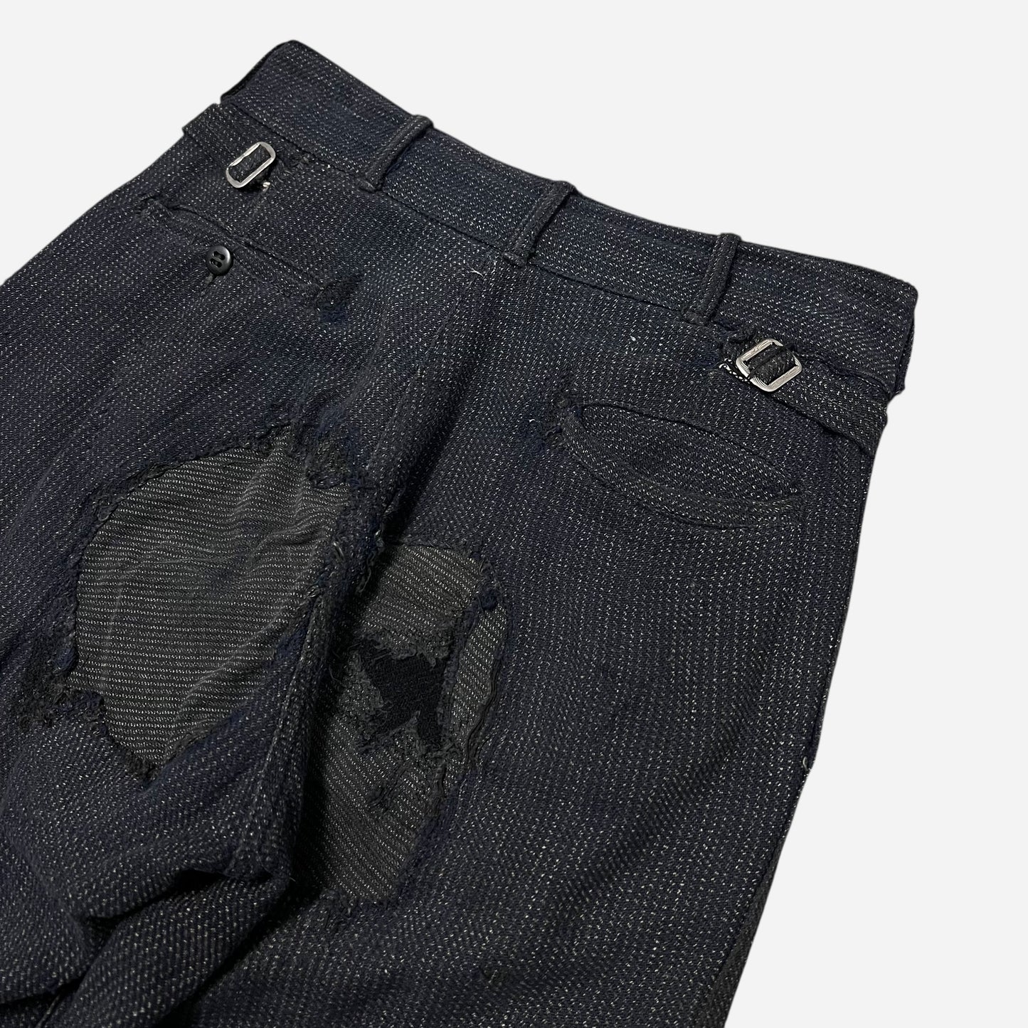 1930s Navy/black side clasp cotton salt & pepper repaired button fly work pants (27w)