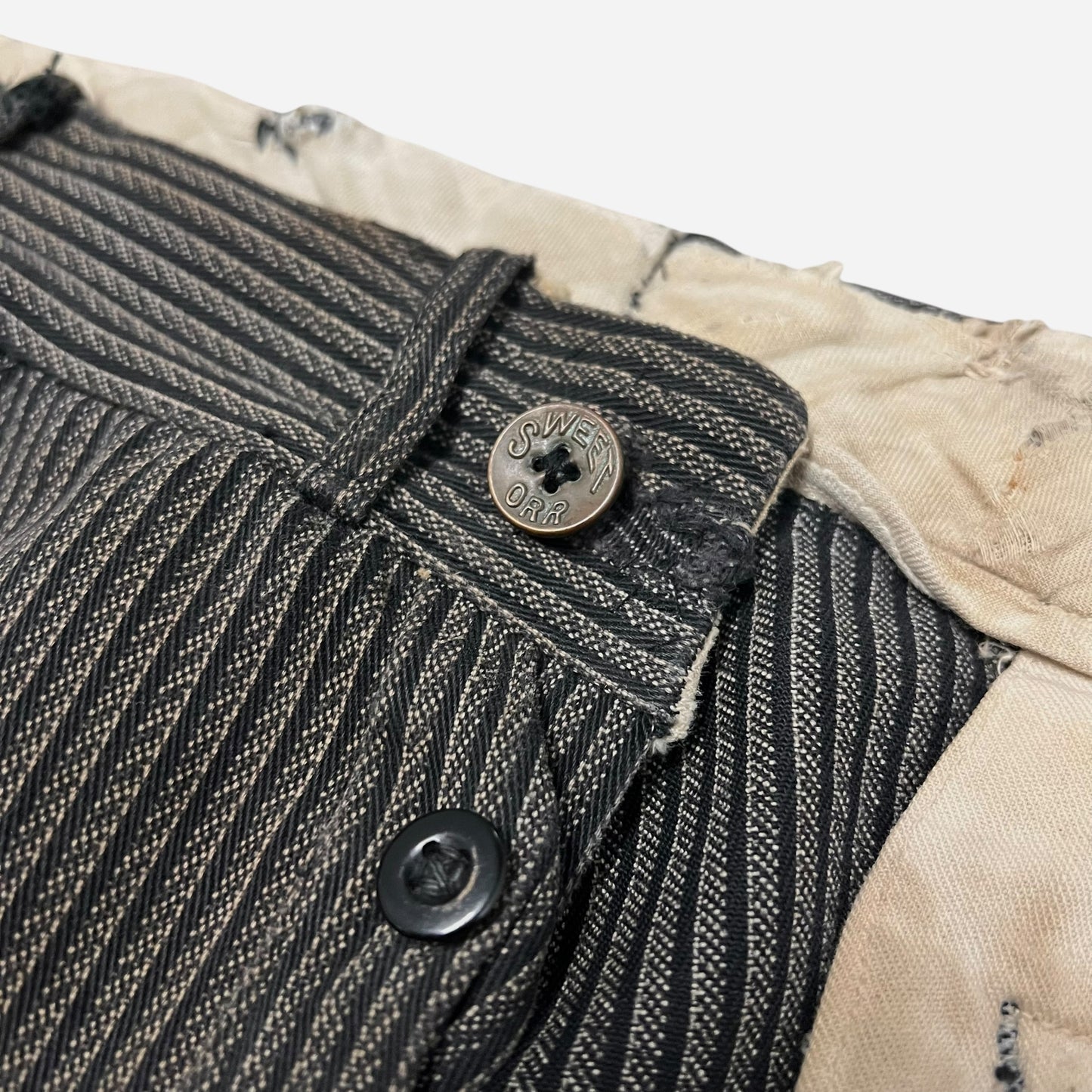 1930s Sweet Orr Stifel Whirlwind striped salt and pepper cotton repaired pants (34w)