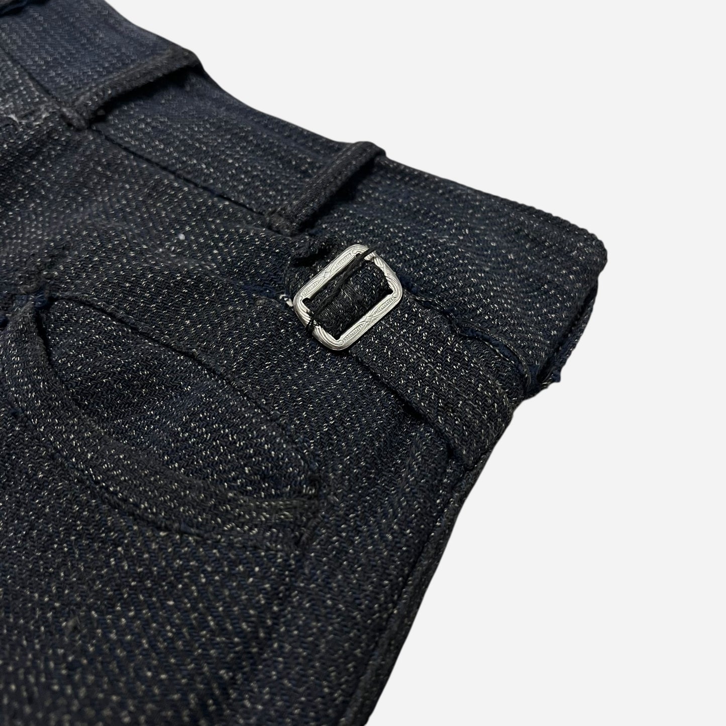 1930s Navy/black side clasp cotton salt & pepper repaired button fly work pants (27w)