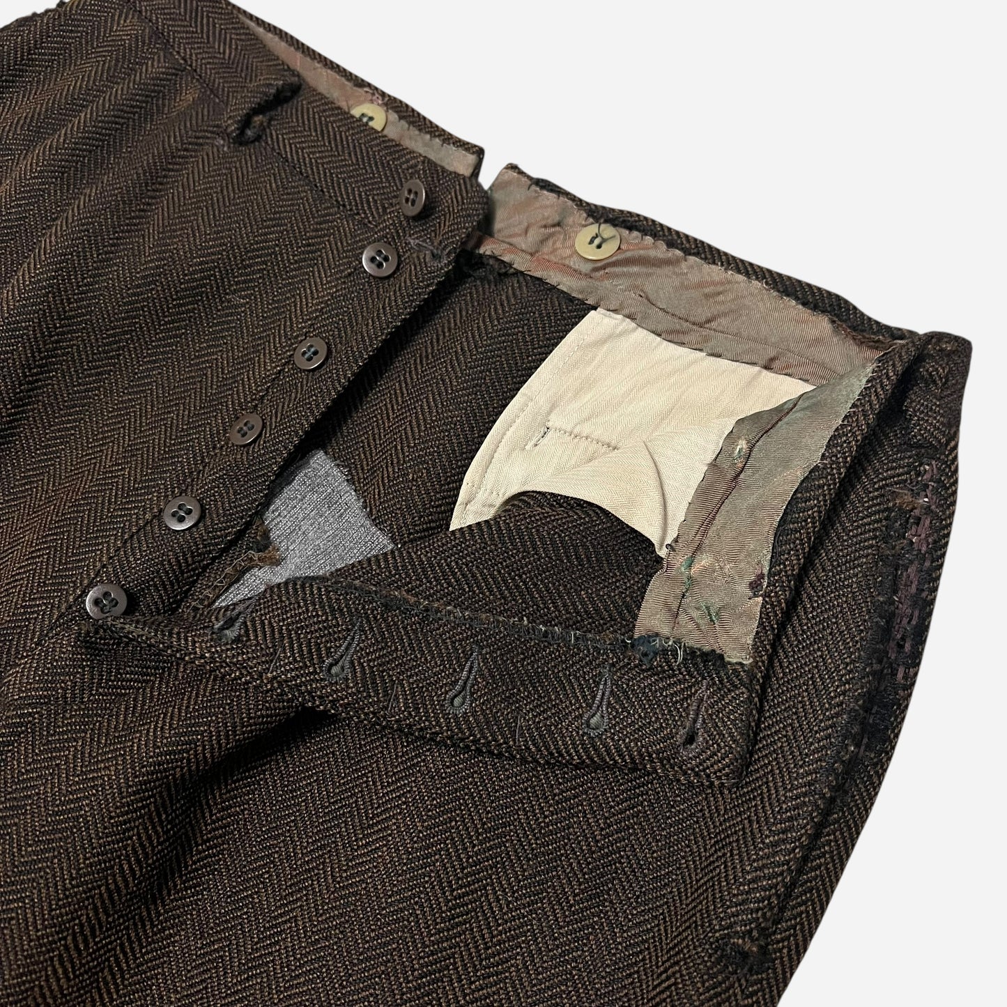 1930s Brown tweed herringbone button fly Stifel repaired pleated work pants (31w)