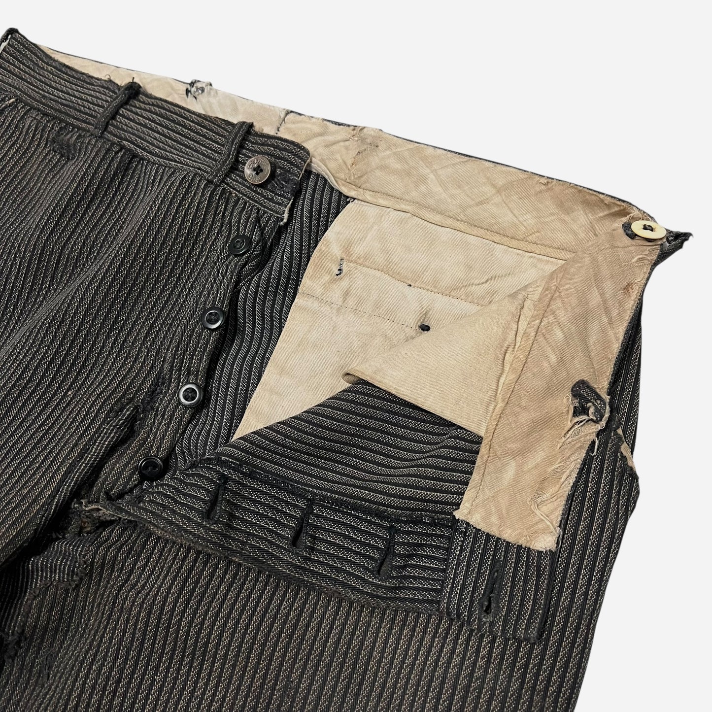 1930s Sweet Orr Stifel Whirlwind striped salt and pepper cotton repaired pants (34w)