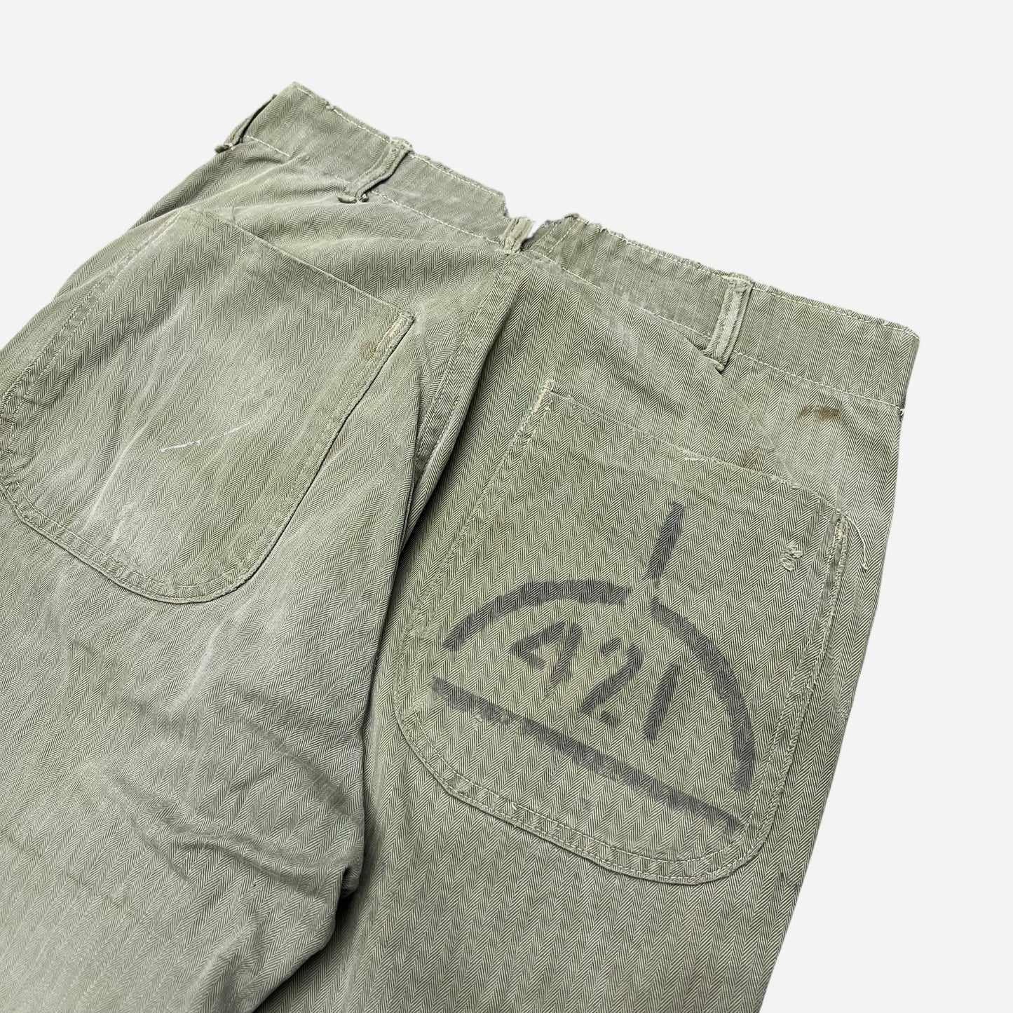 1940s WWII USMC P41 “421” stenciled green hbt pants as is (30w)