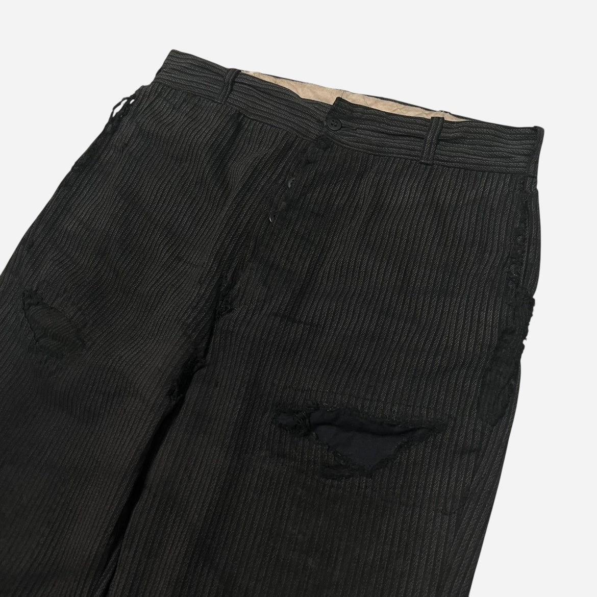 1930s Black striped salt & pepper button fly heavily repaired pants (32w)