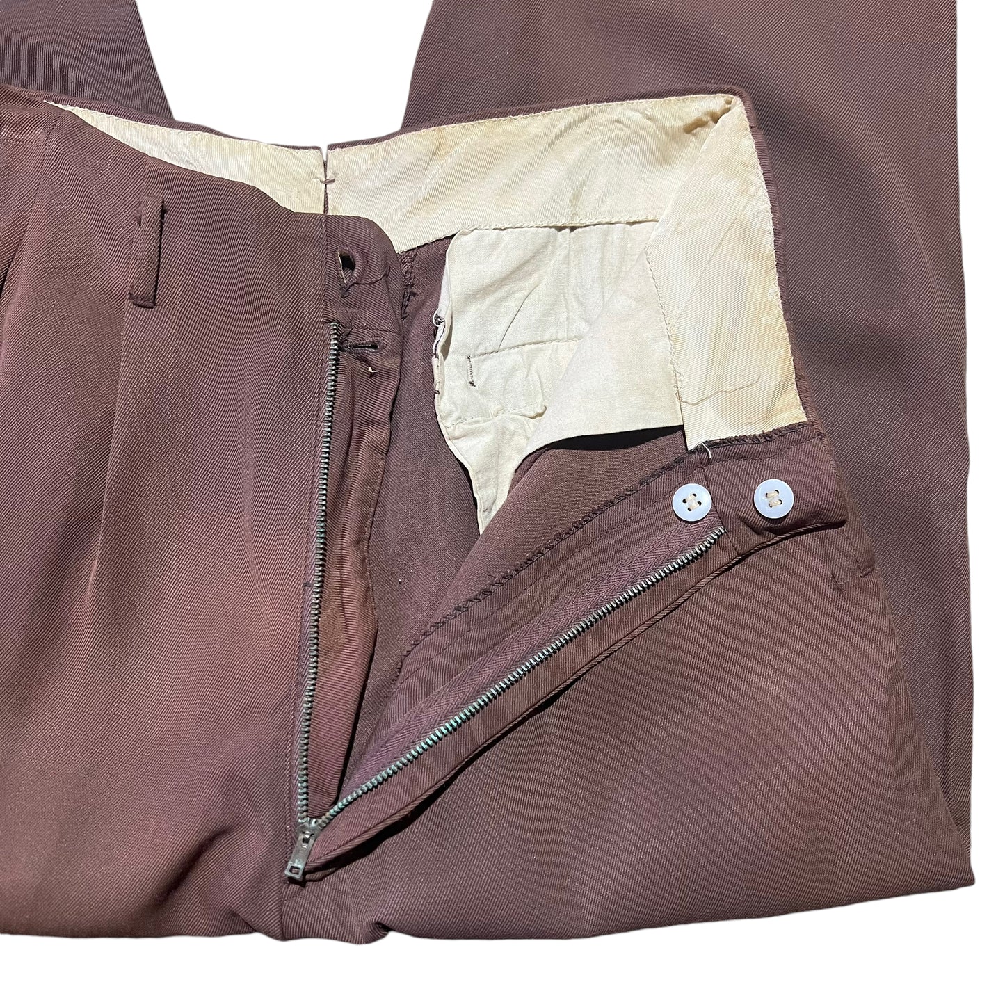 1950s Fruit of the loom brown gabardine pleated pants trousers (27w)