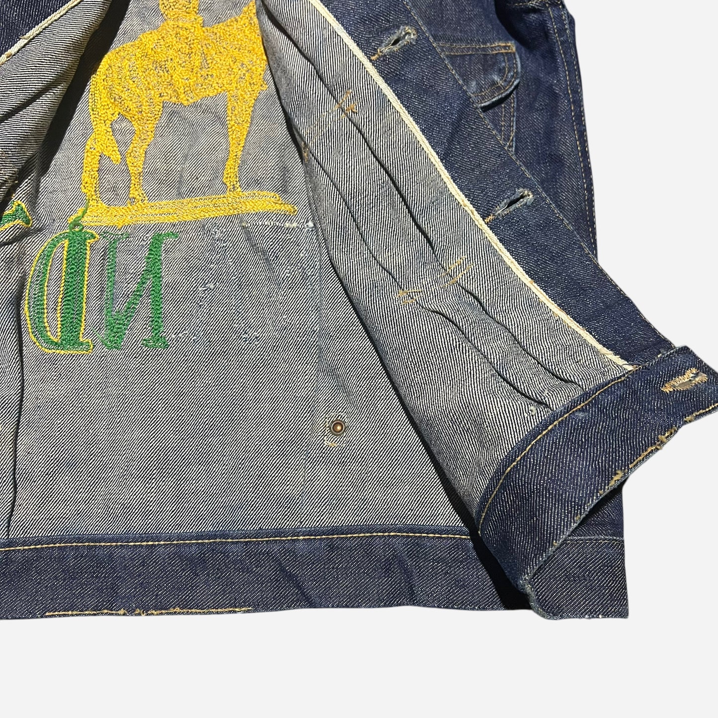 1940s Wrangler 11MJ proto dark wash denim jacket chain stitch embroidered Greensboro High School (38)