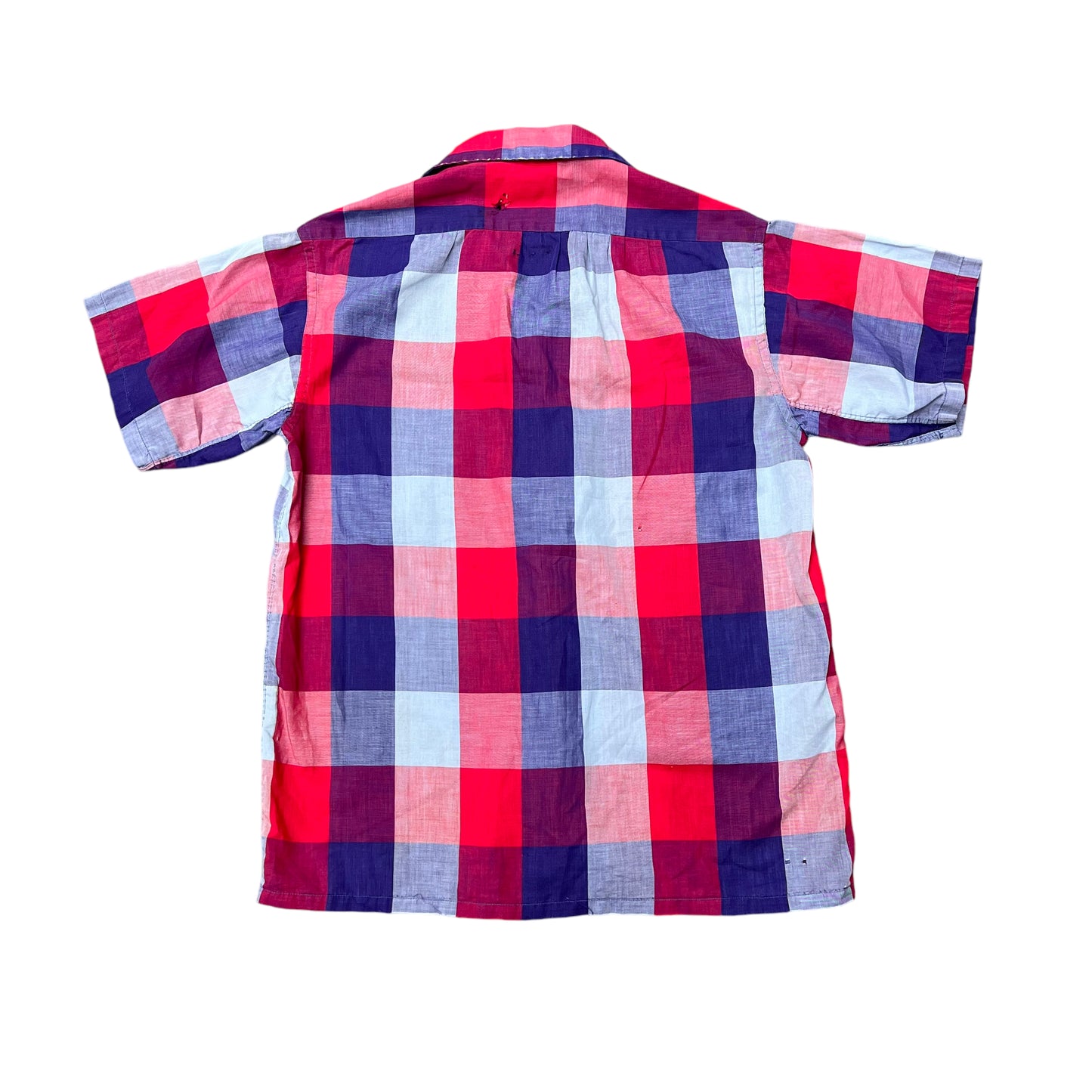 1950s Tom Sawyer red blue box plaid cotton loop collar shirt (S/M)