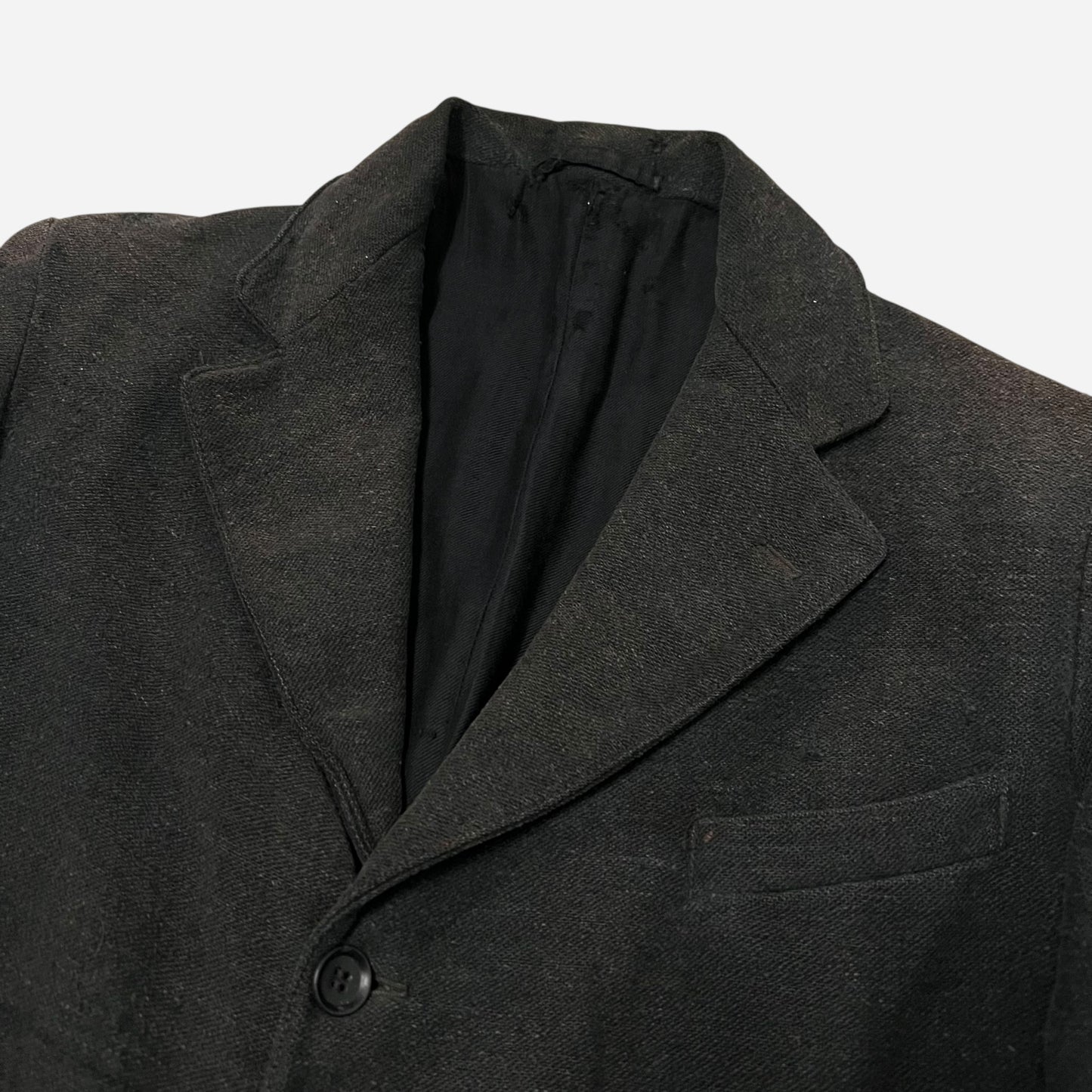 1900s 1910s Sun faded black woven wool/cotton work suit jacket (M)