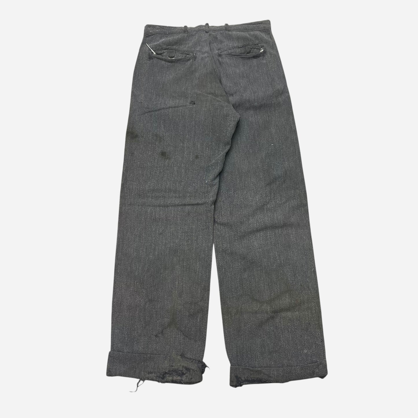1940s Salt and pepper cotton repaired button fly work pants (31w)