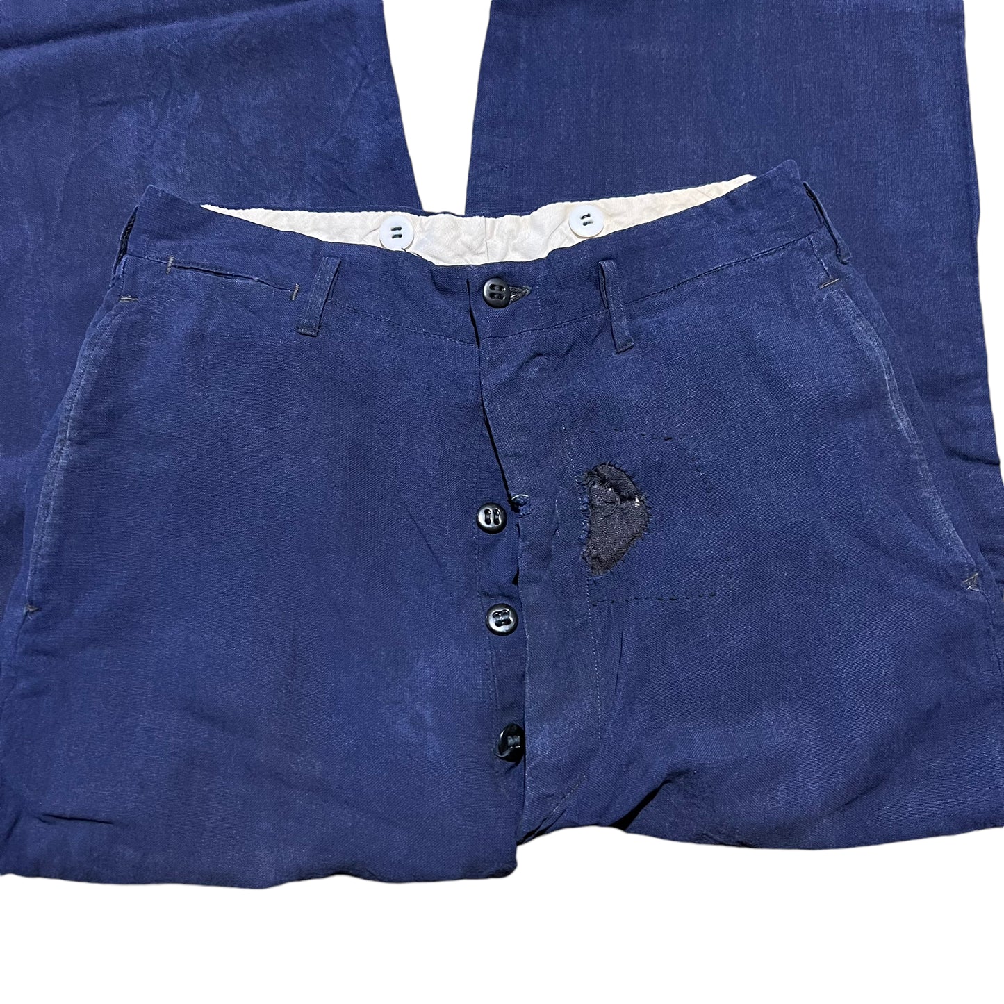 1940s Blue linen/rayon button fly drop loop pants (28w)