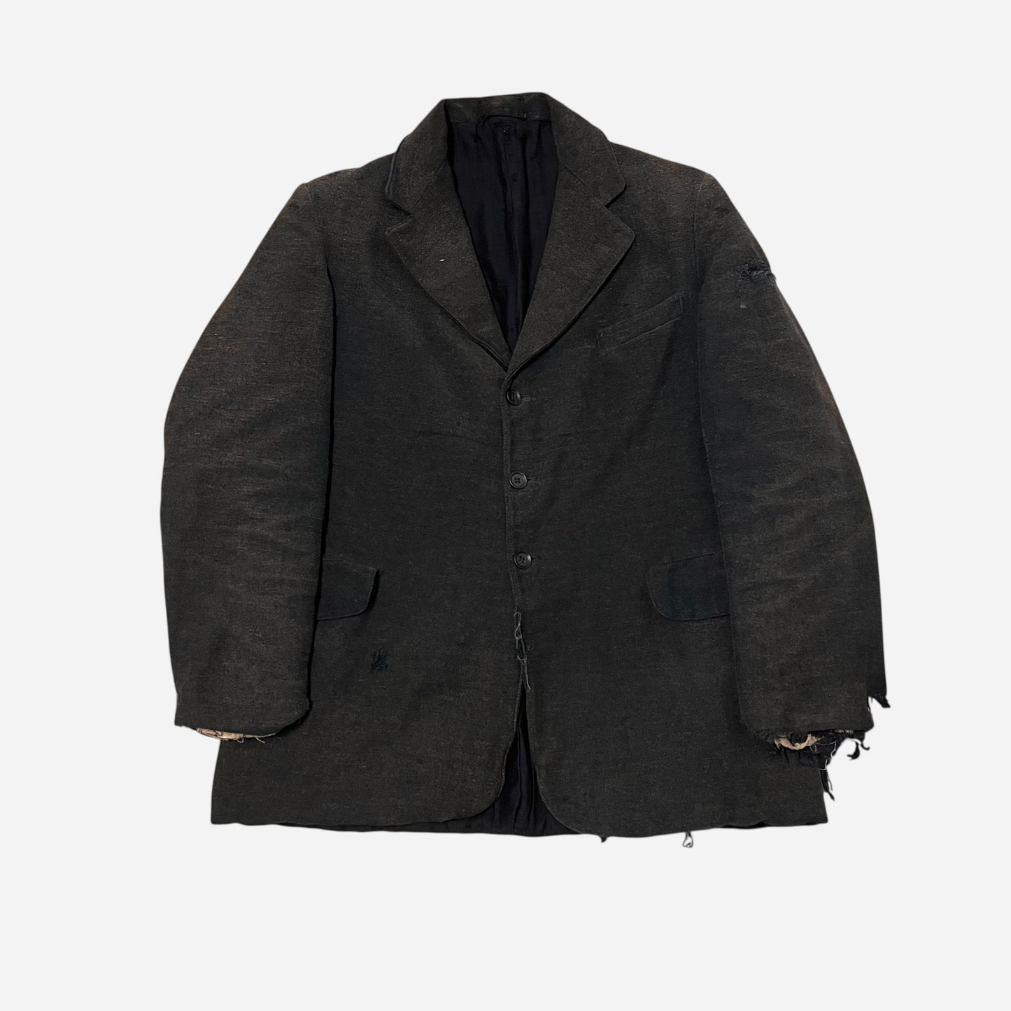 1900s 1910s Sun faded black woven wool/cotton work suit jacket (M)