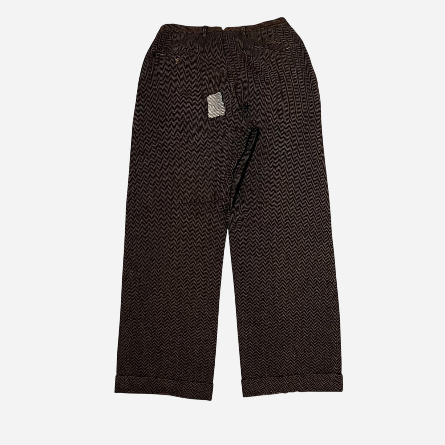 1930s Brown tweed herringbone button fly Stifel repaired pleated work pants (31w)