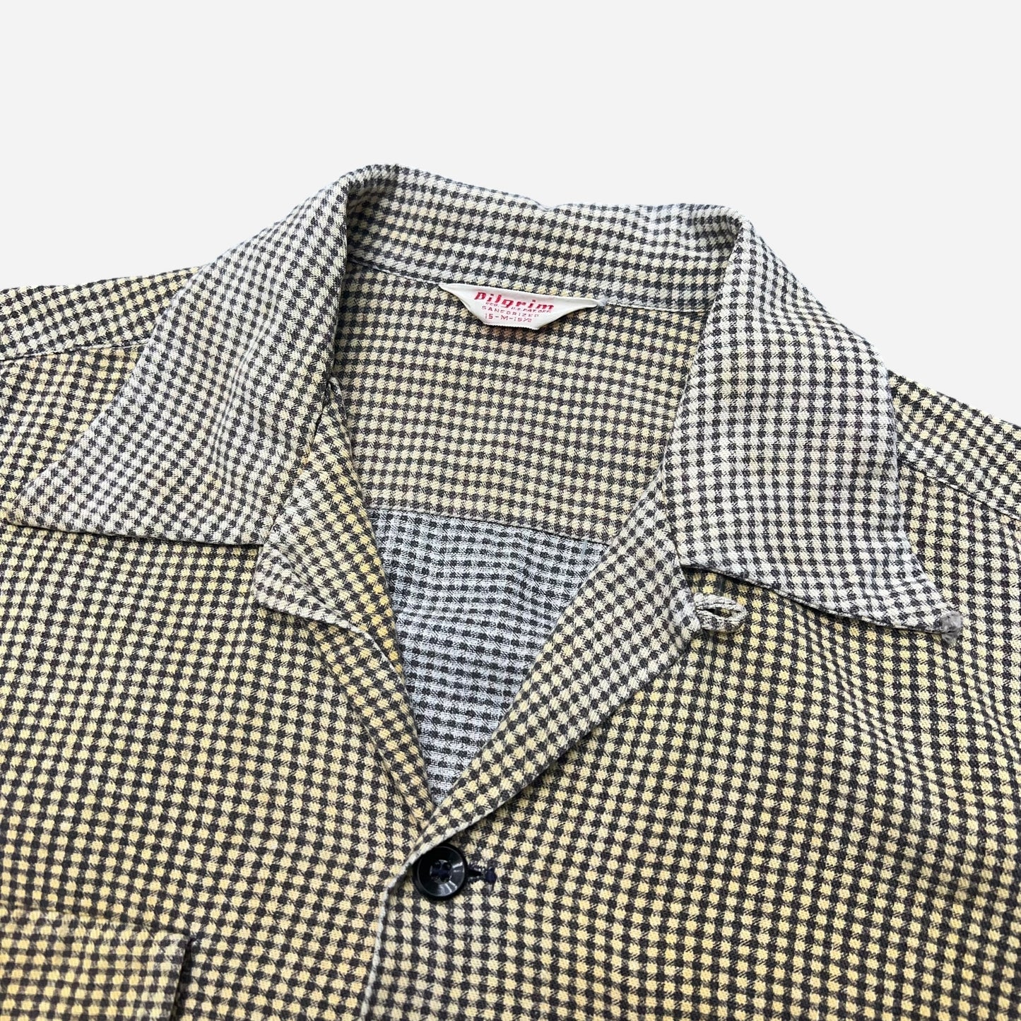1950s Pilgrim sun faded yellow houndstooth cotton printed loop collar shirt flannel (M/L)