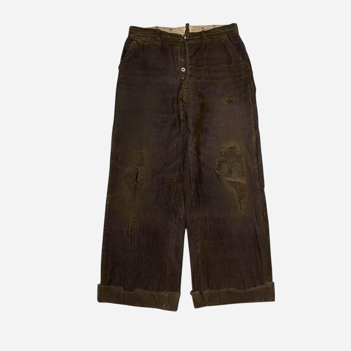 1920s Brown corduroy double button fly heavily repaired pants (32w)