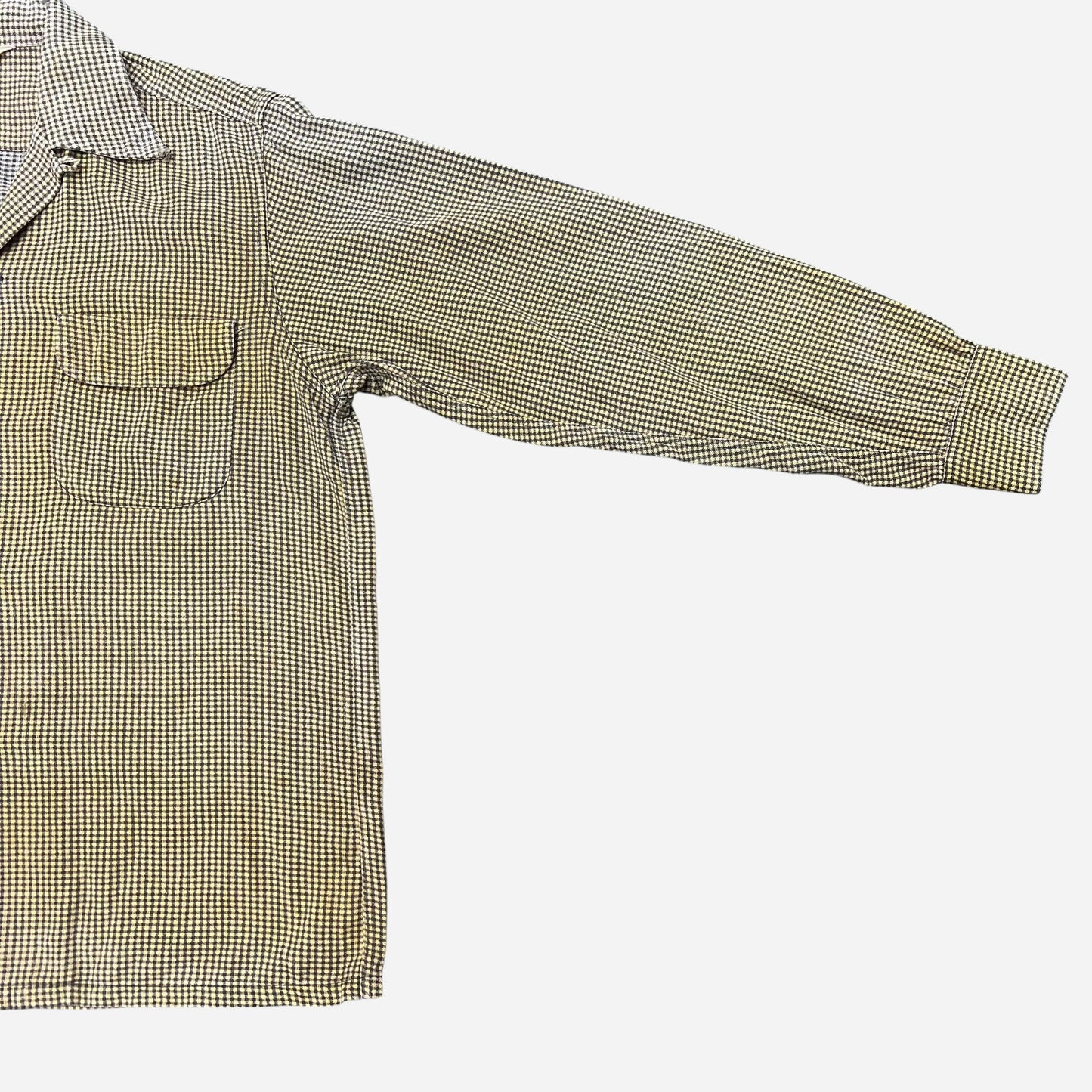 1950s Pilgrim sun faded yellow houndstooth cotton printed loop collar shirt flannel (M/L)