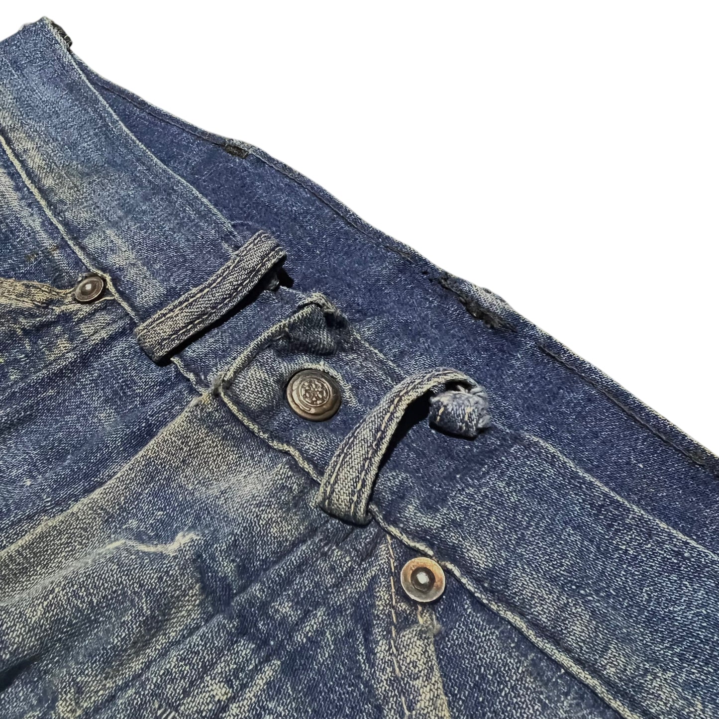 1930s 1940s Painter donut button fly fatigue pocket dark wash denim jeans (28w)