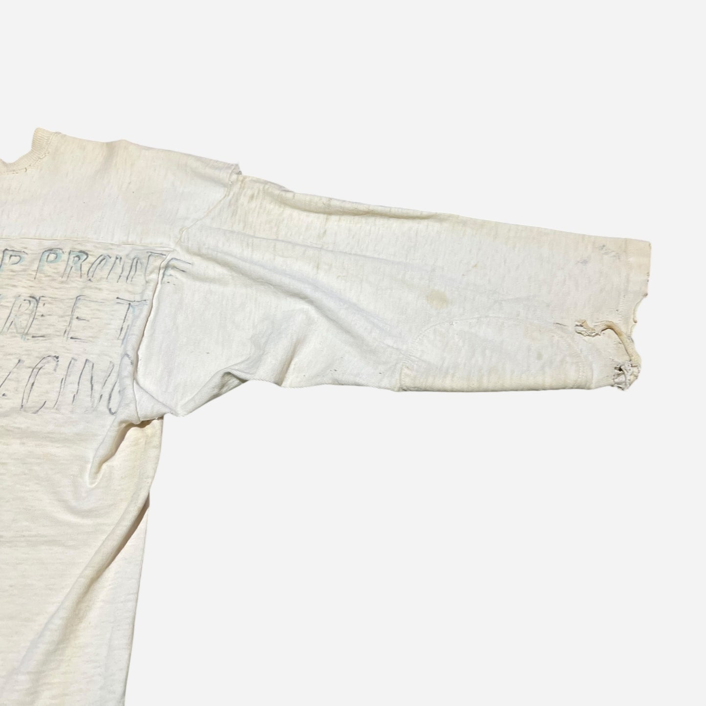1960s Hanes thrashed hand drawn “Help Protect Street Racing” white cotton jersey shirt (L)