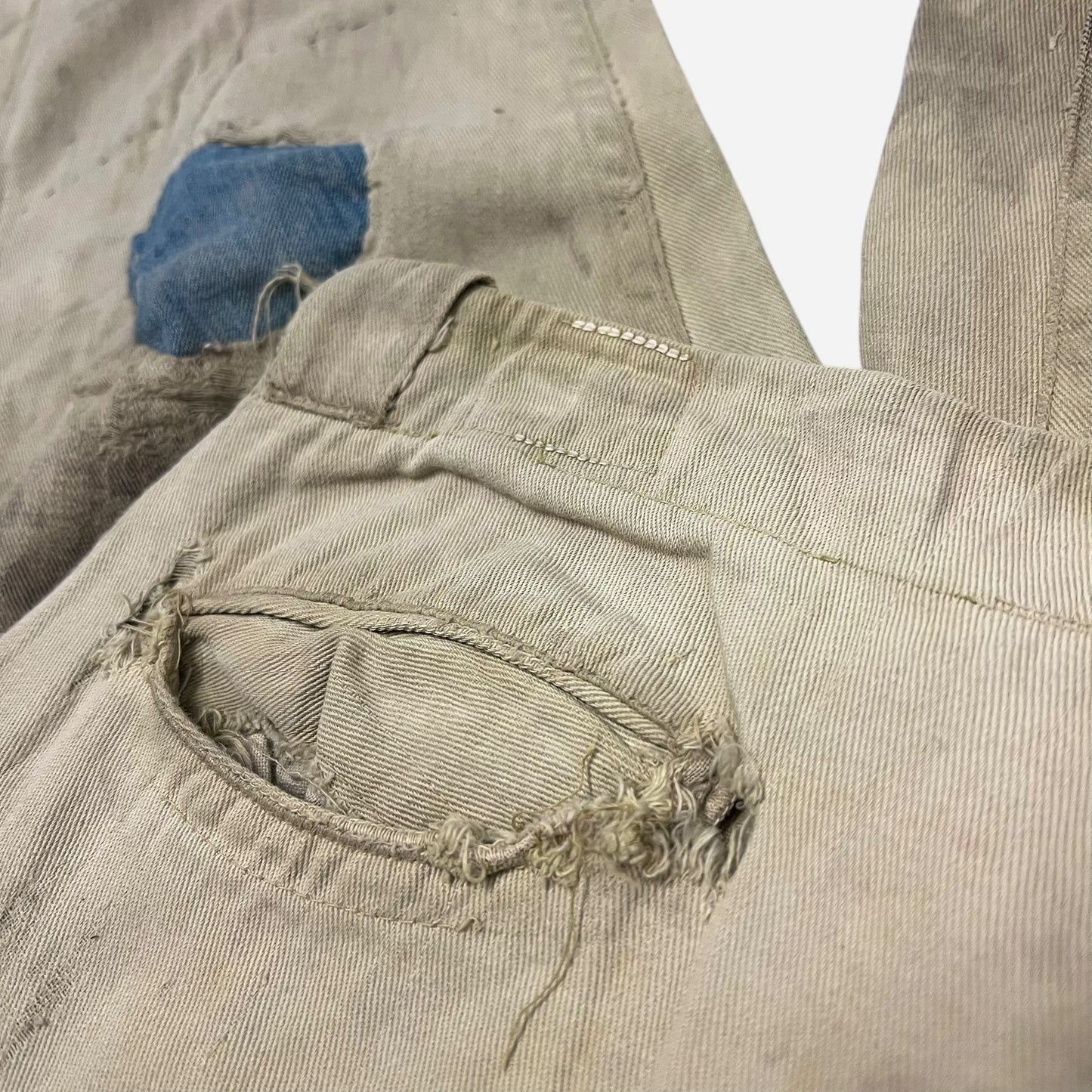 1920s Denim repaired tan cotton button fly work pants (31w)