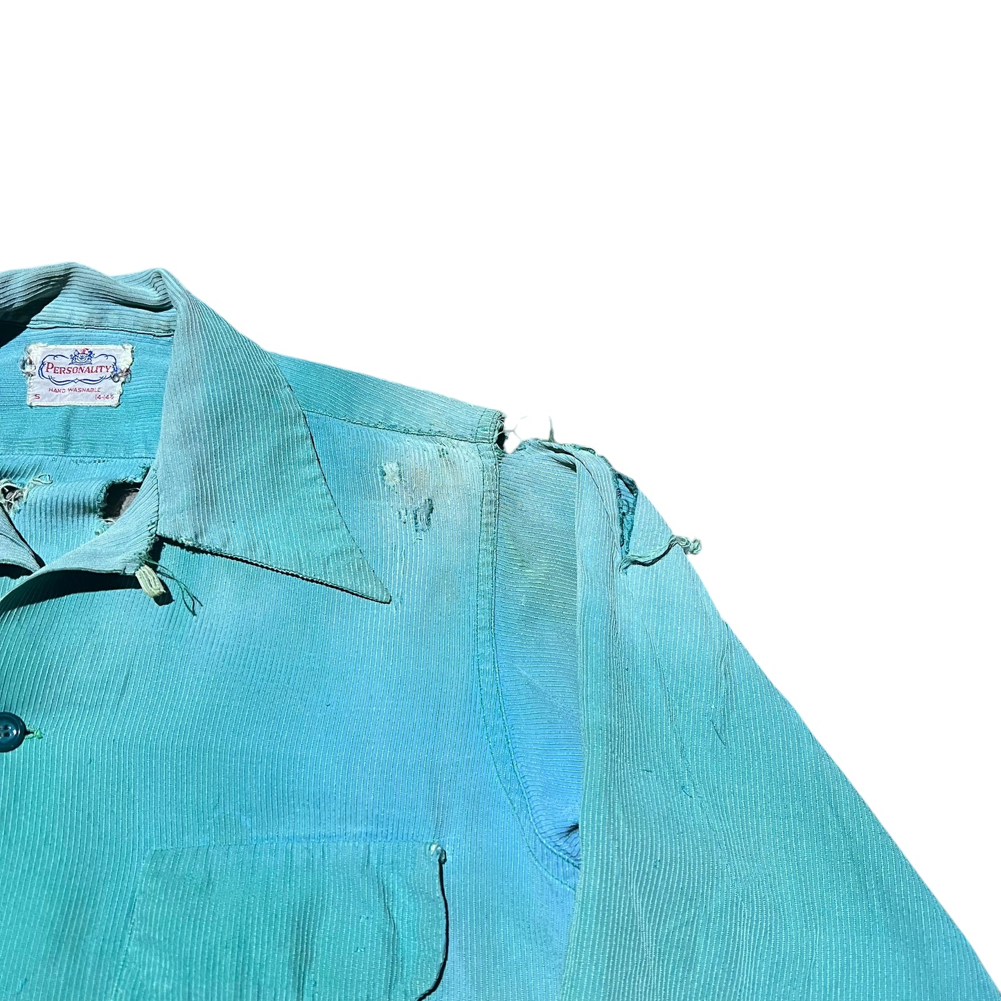 1940s 1950s Personality ribbed cotton greenish loop collar shirt (S)