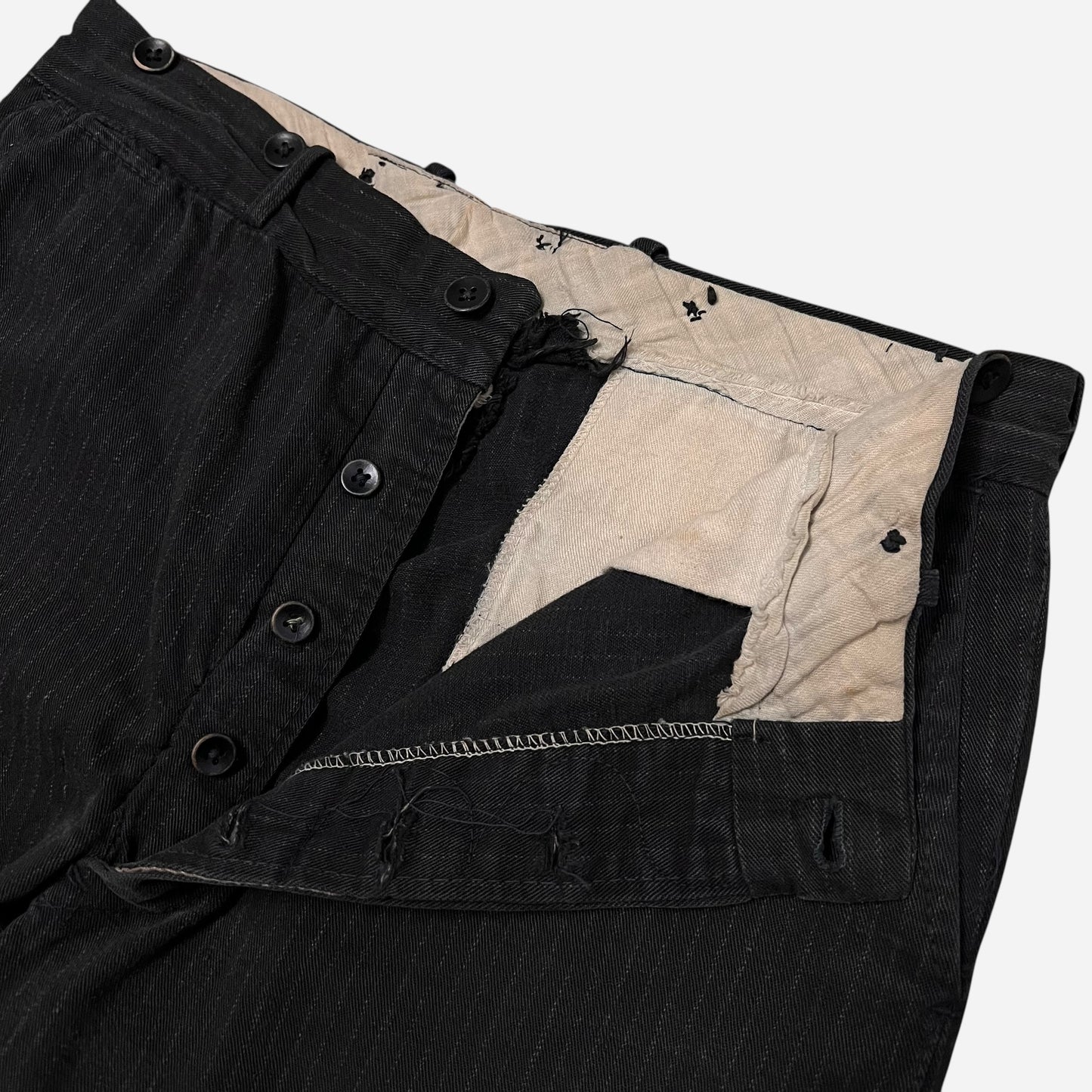1930s Black heavy cotton button fly striped work pants (33w)