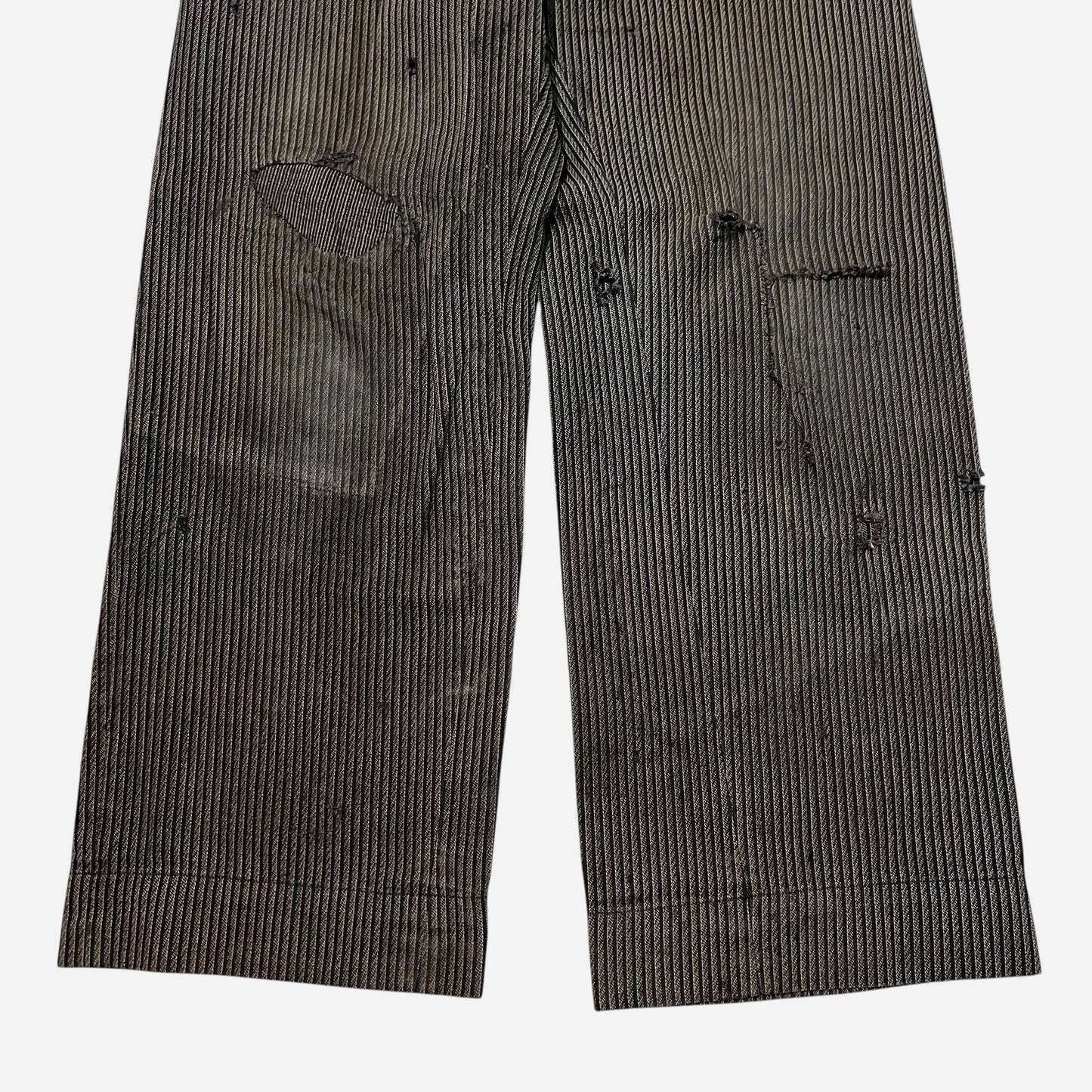 1930s Sweet Orr Stifel Whirlwind striped salt and pepper cotton repaired pants (34w)