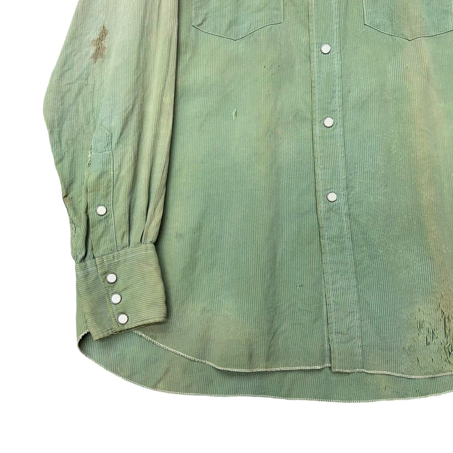 1940s H bar C green sun faded sawtooth distressed pearl snap shirt (L)