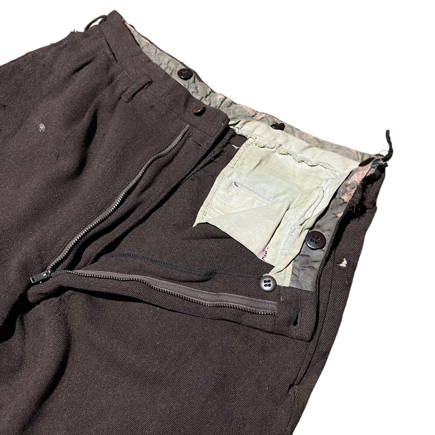 1940s Distressed brown wool drop loop pleated pants (32w)