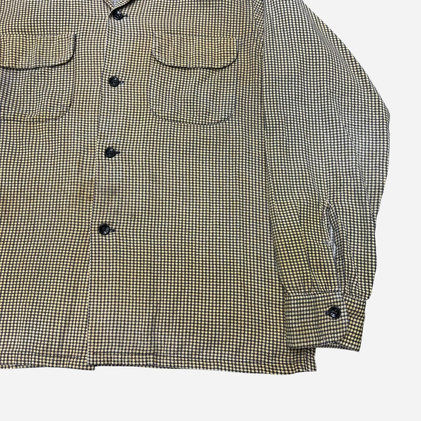 1950s Pilgrim sun faded yellow houndstooth cotton printed loop collar shirt flannel (M/L)