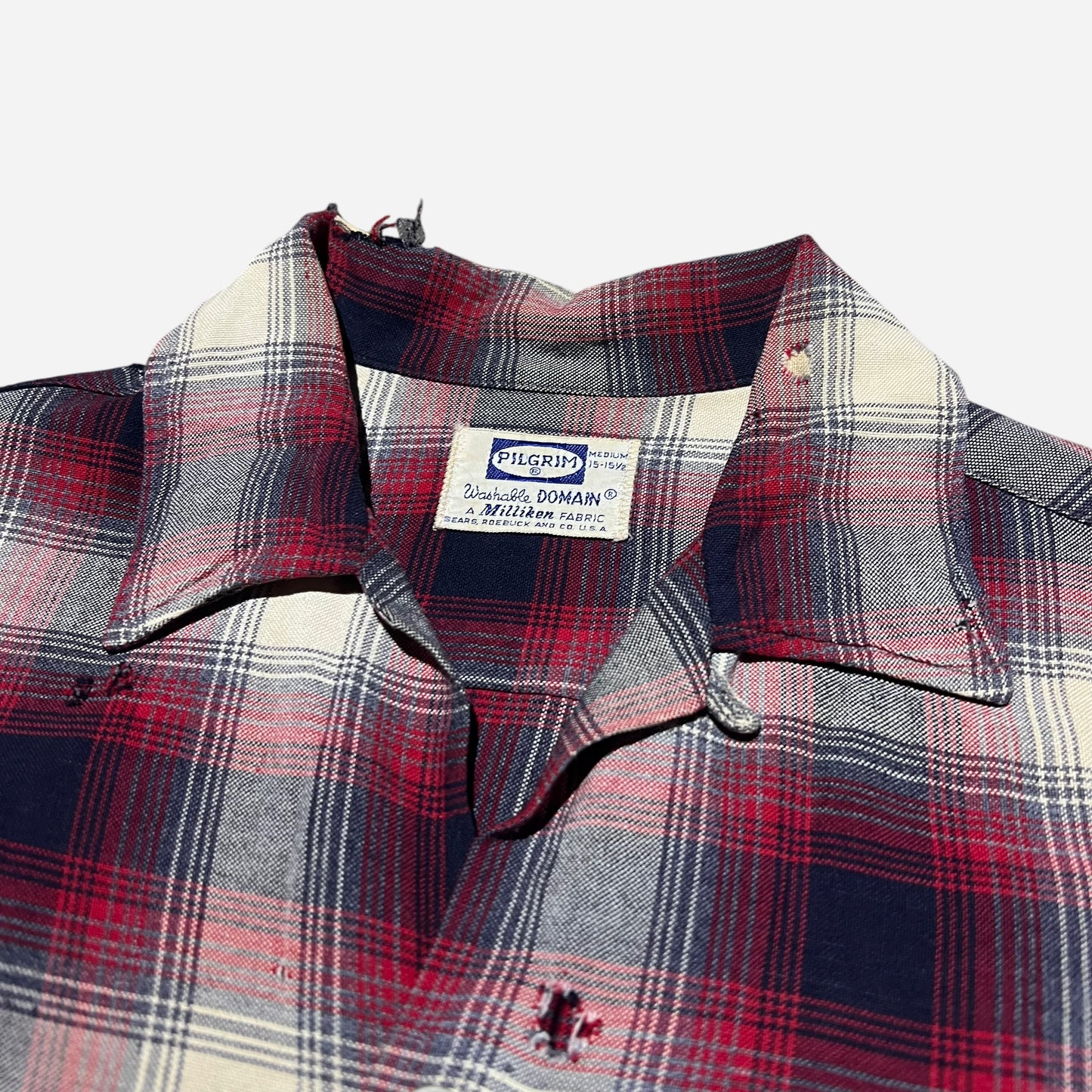 1960s Pilgrim shadow plaid red rayon loop collar shirt (M)